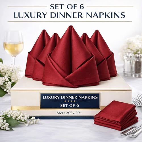 Image of Luxury Dinner Napkins Set of 6-100% Heavy Cotton 400 Thread Count Cloth Napkins 20x20 Inch - Soft & Reusable Premium Table Napkins for Restaurant, Hotel & Home Dining - Burgundy