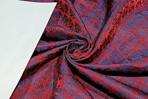 Tissu brocart de soie rouge et bleu BRO173 44" pour haute couture et caftan