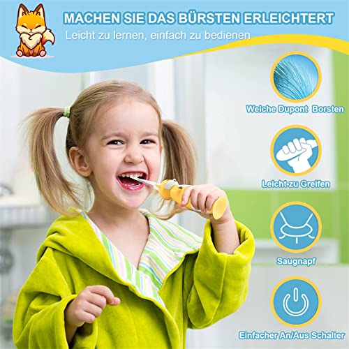 YUNCHI Elektrische Zahnbürste Kinder 0-6 Jahre mit weiß LED Licht, Smart Timer, Batteriebetrieben Baby Zahnbürste mit 4 weiche Ersatzbürstenköpfen, IPX7 Wasserdicht YC-K3 (Gelb Fuchs) – Bild 4