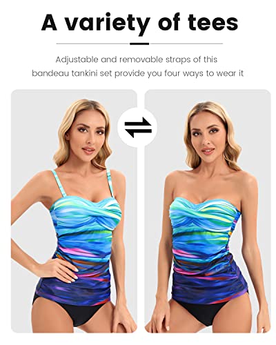 Image of Shuangyu Women's Twist Front Bandeau Tankini Set Two Pieces Ruched Tummy Control Suimsuit with Mid Waist Briefs