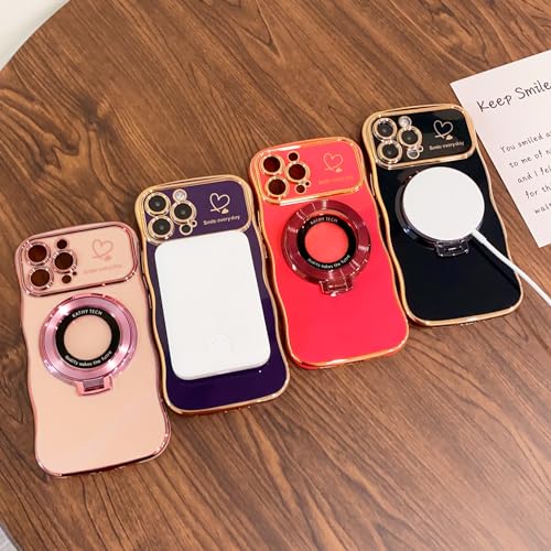 NITITOP Compatible with iPhone 14 Pro Case Ring Stand Cute Love Heart for Women Girl Men boy Plating Wave Curly Camera Protection Girly Luxury Phone Cover - Black by NITITOP - Image 4