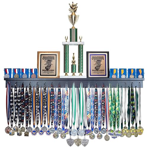 4ft- Medal Awards Rack Premier Medal Hanger Display Rack and Trophy Shelf for Gymnastics, Soccer, Basketball, Football, and More. The Largest Medal and Award Display- 48” - Black