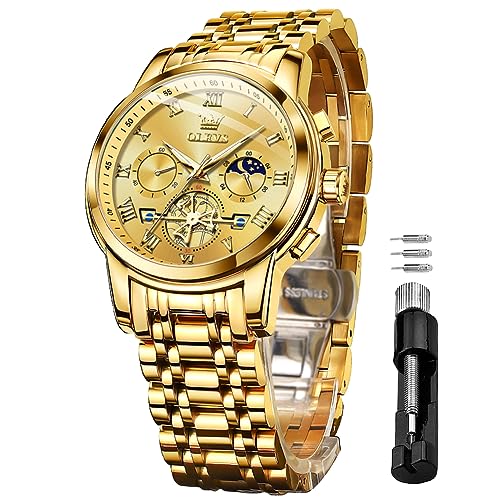 OLEVS Watches for Men Chronograph Business Gold Wrist Watches Analog Quartz Moon Phase Stainless Steel Waterproof Luminous Dress Watches OLEVS Watches for Men Chronograph Business Gold Wrist Watches Analog Quartz Moon Phase Stainless Steel Waterproof Luminous Dress Watches