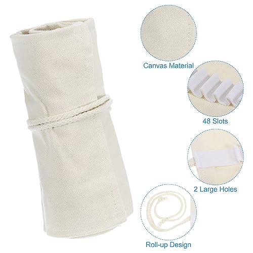 Image of PATIKIL Handmade 48 Slots Roll Up Pencil Case, Canvas Pencil Wrap Pouch Pen Holder Organizer for Artist Drawing Coloring Sketching, White