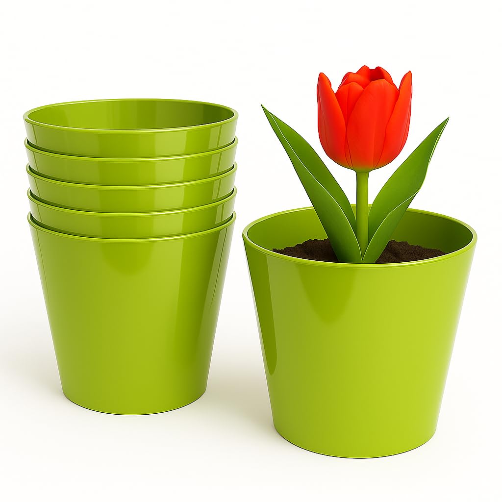 Home Garden Ornaments Green Lime Plant Pots Indoor 6Pcs Glossy Decorative Plastic Flower Pots, Vibrant Decorative Pots (, 17Cm / 6.7 In)