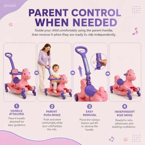 Image of 3 in 1 Baby Horse Rider for Kids 1-5 Years with Parent Handle, Rocking Horse, Ride On Toy, 360 Safety Guard, Music, Swivel Wheels, Backrest, Baby Ride On for Boys & Girls (Pink)