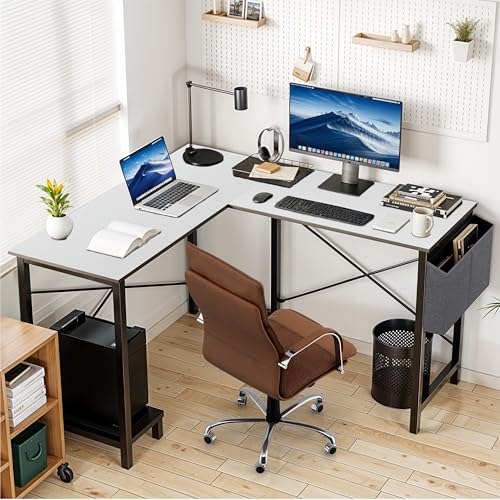 L Shaped Gaming Desk for Students: White, 50 Inch