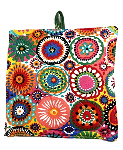 One Fiesta Print Square Potholder - Insulated Cotton Hot Pad - Fabric Trivet - Heat Resistant - Modern Multi Sunburst Print - Homemade in Texas (One Hot Pad)