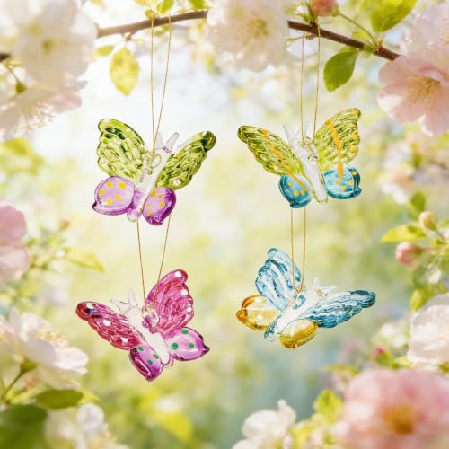 Set of 4 Crystal Butterfly Ornaments Hanging Glass Butterflies Collectible