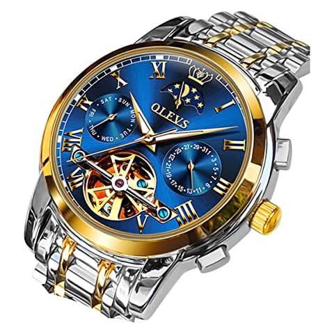 OLEVS Mens Watch Automatic Mechanical Blue Face Winding Moon Phase Stainless Steel Two Tone Date Waterproof Luminous Cover