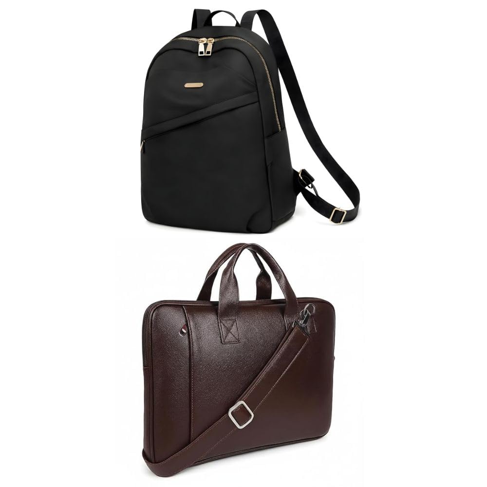 2-in-1 Backpack Combo – Quilted Black Backpack for Women & Brown Laptop Bag for Men & Women | Vegan Leather Office, College & Travel Bag | Fits 13–15.6 Inch Laptop-image-23