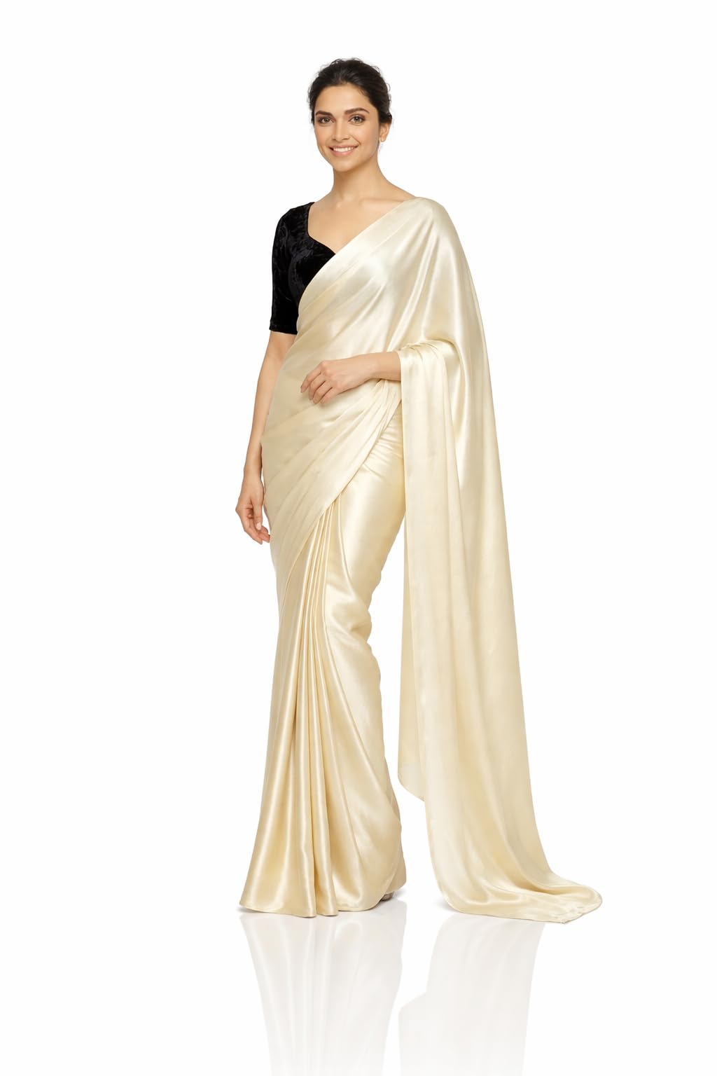 Fendi Satin Saree, Ivory Cream Satin Shimmer Saree with Soft Golden Sheen-picture-51