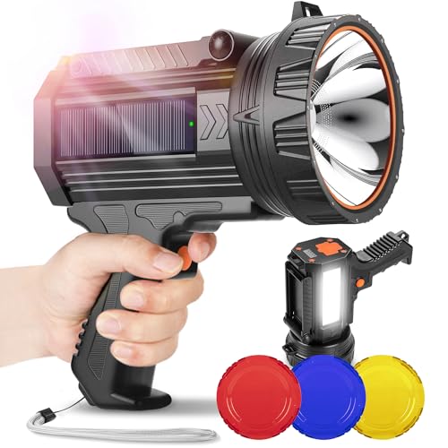 YIERBLUE Rechargeable Spotlight Flashlight with Solar Panels, 200000 High Lumen Outdoor Handheld Spot Lights and Flood Light, Foldable Stand and 3 Colors Lenses for Boating Hunting and Camping
