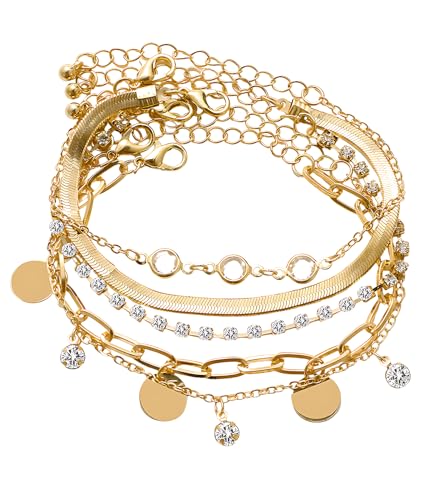 5 Pieces Stylish Bracelets for Women, Fashion Jewelry Gifts for Women, Latest Stylish Adjustable Charm Tennis Bracelet for Girls, Elegant Hand Bracelet Accessories (Golden)