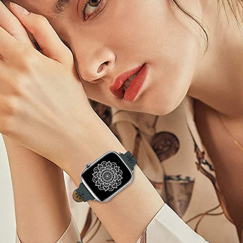 TopPerfekt Lace Leather strap Compatible Apple Watch 42mm 44mm 45mm 49mm Women Ultra Thin hollow out Breathable Leather strap Classic Clasp for iWatch Collection Ultra SE 8 7 6 5 4 3 2 1 Pine Green - Image 4