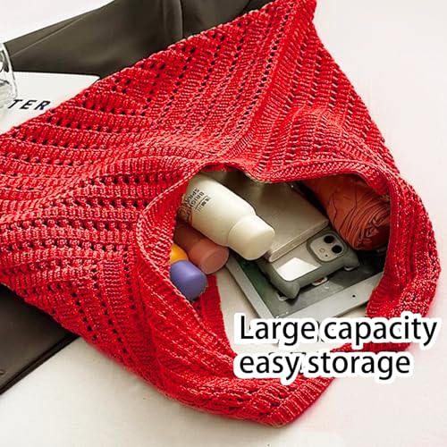 Image of Crochet Beach Tote Bag Summer Vacation Handbags Beach Bag for Women Cute Woven Shoulder Purses Mesh Knit Crochet Bag