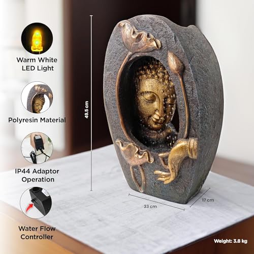 Image of Polyresin Buddha Fountain for Home Decor with LED Lights | 33x17x49.5 cm | Fountain for Living Room /Hall /Office /Garden D?cor Gifting | Bronze Color