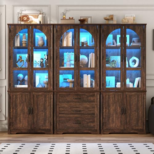 Image of 75 inch Tall Farmhouse Kitchen Pantry Cabinet with LED Lights,6 Doors Wood Storage Cabinet w Arched Glass Doors /Drawers,Pantry Organizers and Storage,Rustic Wood Cupboard for Kitchen,Dining Room(Brown)