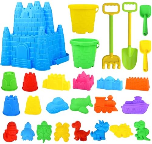 Beach Toys for Kids,28PCS Sand Castle Building Kit with 3 Castle Bucket and Sand Molds,Shovels and Rakes,Mesh Bag,Sandbox Toys for Toddlers,Outdoor Travel Beach Toys for Kids Boys Girls Age 3-10