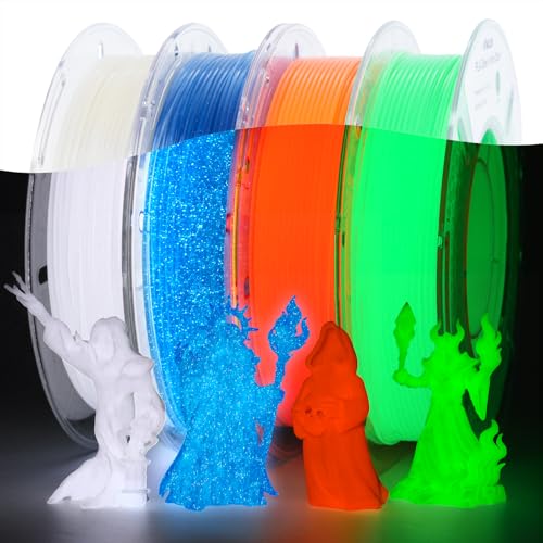 Image of AMOLEN Glow in the Dark 3D Printer PLA Filament Bundle, Glow Shiny Firefly Blue, Orange, Green, and White, 1.75mm PLA Filament for Most FDM 3D Printer, Dimensional Accuracy + /- 0.02 mm, 200g X 4 Pack