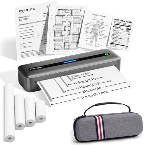 Phomemo Portable Printer, Inkless Thermal Printer, Bluetooth Portable Printers Wireless for Travel, Support 8.5"x11"/A4/4.33"/3.15"/2.08" Thermal Paper, Mobile Printer for Phone Laptop, with Case