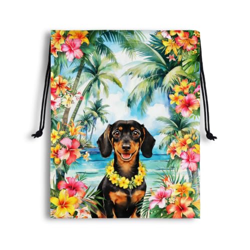 Image of Dachshund Flower Drawstring Bag Gym Pouch Bags for Storage Cloth Shoes