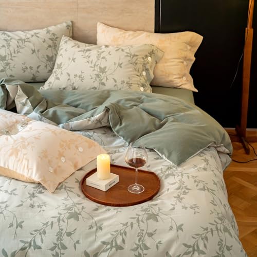 VM VOUGEMARKET Botanical Leaves Duvet Cover Set King Linen Cotton Bedding Set,3D Jacquard Yarn-Dyed Textured Comforter Cover with Button Closure-104 x90,Sage Green