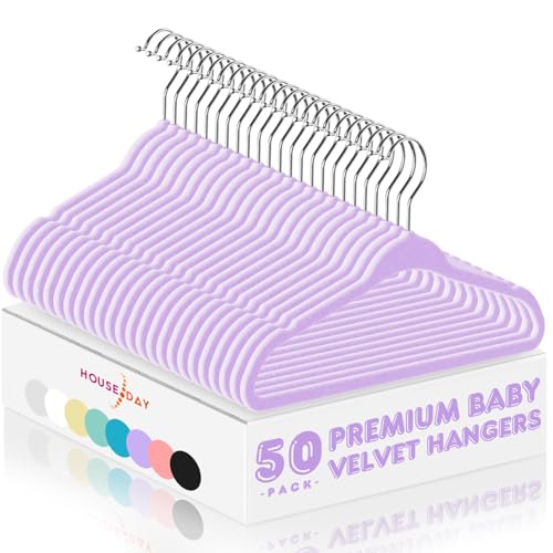 Image of HOUSE DAY 11 Inch Velvet Baby Hangers 50 Pack Lt-Purple, Premium Kids Hangers for Children, Infant & Toddler Clothes, Durable Non Slip Small Baby Felt Hanger for Closet, Ideal for Everyday Use