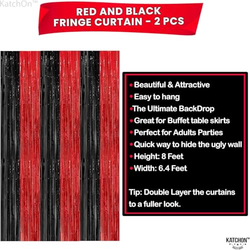 Image of KatchOn Red and Black Fringe Curtain - 6.4x8 Ft Pack of 2 | Red and Black Streamers for Casino Theme Party Decorations | Foil Fringe for Anniversary, Bachelorette | Graduation Decorations 2026
