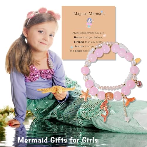 Image of LZ Emotion 2 Pcs Mermaid Bracelet Set Beaded Mermaid Charm Bracelets Starfish Summer Jewelry Mermaid Gifts Birthday Party Decoration