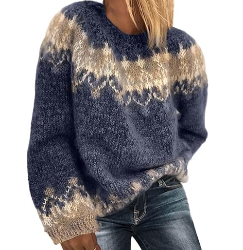 Women's Fair Isle Sweater Vintage Chunky Crewneck Long Sleeve Knit Pullover Oversized Warm Mohair Sweaters