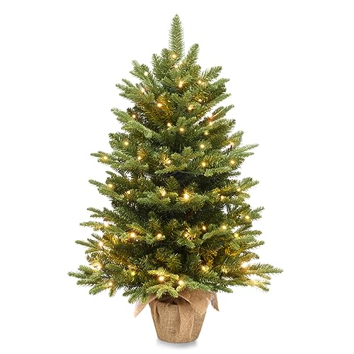 Somikis 3ft Pre-Lit Premium Artificial Mini Christmas Tree with 85 LED Lights and Realistic Nordic Spruce, Solid Cement Burlap Base Basin, for Xmas Home, Office, Tabletop, Party Decoration