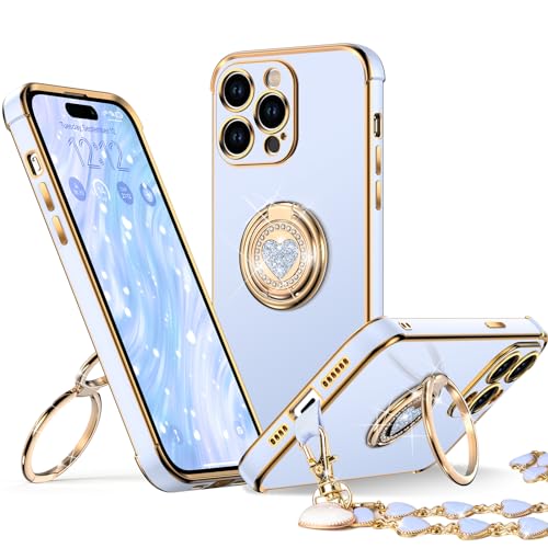 Image of XYZ for iPhone 14 Pro Back Cover Case with Stand, Phone Case with Double Ring Kickstand, Women Girl Cute Love-Heart Luxury Bling Protective Case Heart for iPhone 14 Pro, Blue | Double Ring Holder, Cute Love-Heart, Phone Chain Wristlet, Wrist Strap, Women Girls Bling Luxury Protective Case, Blue