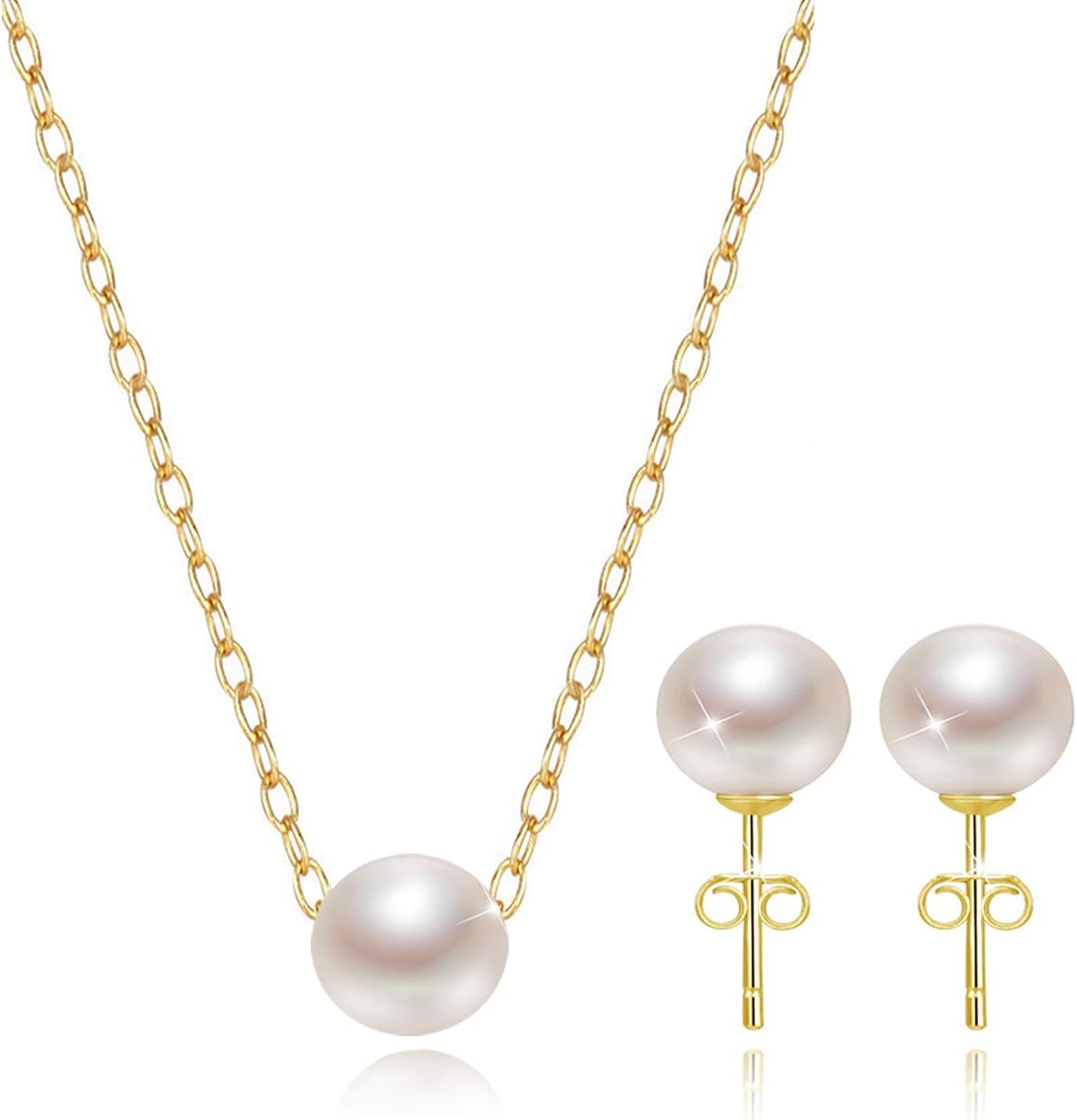 Pearl Jewelry Set Pearl Necklace Earrings Set for Women 18K Gold Plated | Simple Jewelry for Womens with Single Pearl Sets Gifts for Weddings,Birthday,Anniversary