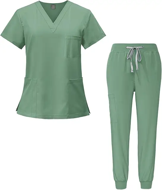 Green Scrub Medical Overalls: V-Neck Short-Sleeved Top & Slim Quick-Dry Pants