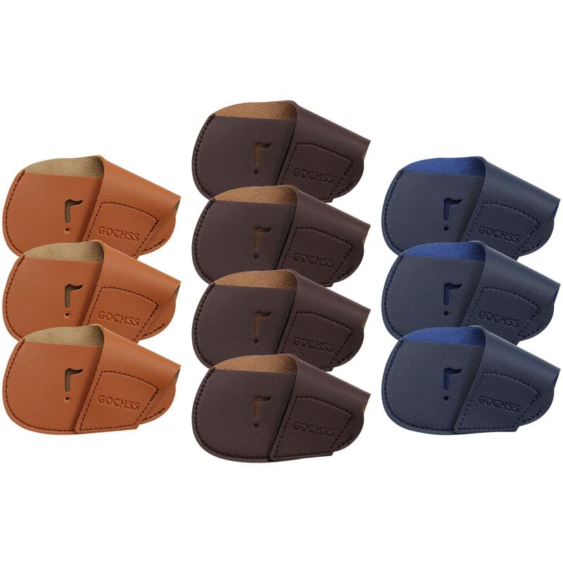 GOCHSS 10 fundas para palos de golf I de hierro, de poliuretano, aptas para ambos palos de golf para diestros, hierros de golf (amarillo, 3 + azul oscuro, 3 + marrón x 4)