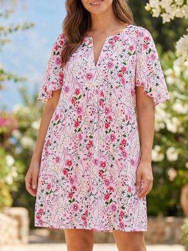 Image of Wenrine Womens Flutter Short Sleeve Mini Dress Casual V Neck Loose Flowy Summer Dresses