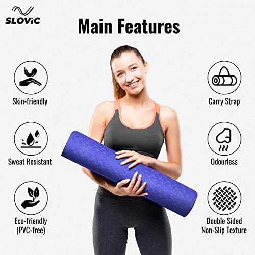 Image of Slovic Yoga Mat with Bag | Premium TPE | Non-Slip & Thick Cushion | 8 mm Thickness | Eco-Friendly | Exercise Mat for Men & Women | Great for Workouts & Preventing Injuries | Outdoors & Indoors | With Easy to Carry Cover Bag