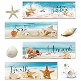 4 Pieces Wood Ocean Beach Bathroom Wall Decors Hanging Seashell Starfish Wooden Sign Relax Soak Unwind Breathe Art Bathroom Sign for Living Room Laundry Bathroom Spa Washroom Decorations Supplies