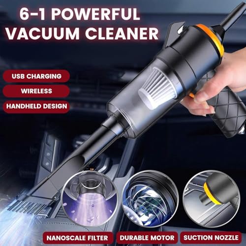 Image of andrew james 6-in-1 Portable Mini Car Vacuum Cleaner with Blower, Window Breaker & Seat Belt Cutter | Cordless Handheld Vacuum Cleaner for Car Use | HEPA Filter, USB Rechargeable