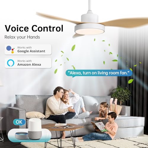 Image of Sofucor 47 Inch Ceiling Fan with Lights Flush Mount Modern Outdoor Ceiling Fans with Remote Control, 3CCT Dimmable 6 Speeds Quiet DC Motor & Timer for Patio Bedroom Living Room