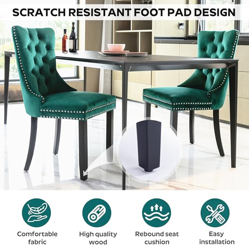 Image of 5-Piece Dining Table Set with 39In Tempered Glass Table and 4 Velvet Upholstered Chairs, Modern Scandinavian Furniture for Dining Room Kitchen(Green)