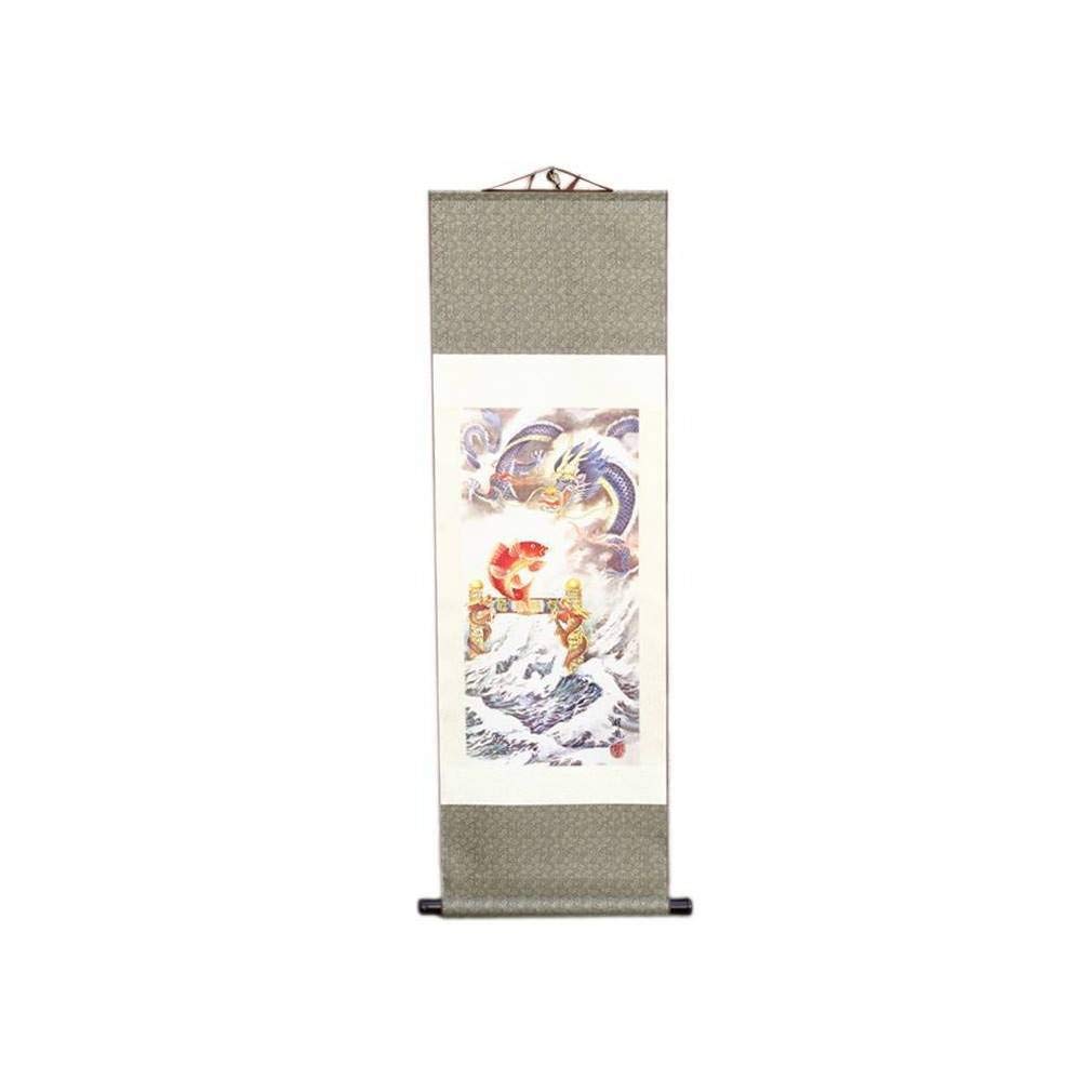 lachineuse - Kakemono drzwi smoka skaczące karpia – ozdoba na ścianę – japońska dekoracja do zawieszenia – 120 x 38 cm – symbol sukcesu – japoński obraz – kolor szary – pomysł na prezent Japonia