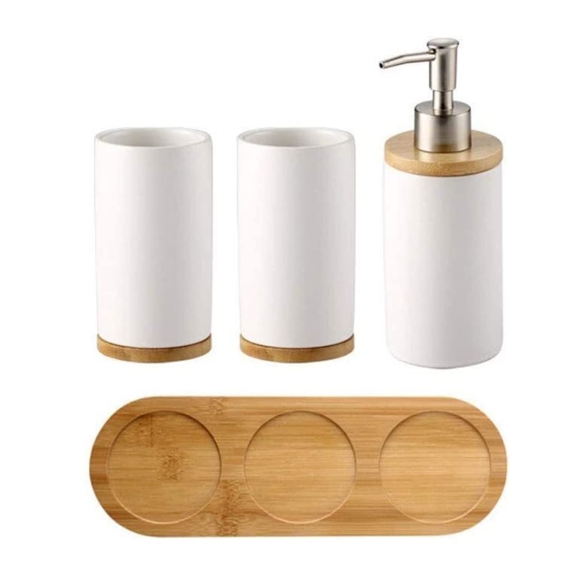 Badezimmer Set Badezimmerzubehör-Set Badezimmer-Zubehör-Set, Keramik-Badzubehör, 4-teiliges Set Für Dekoration Und Einzugsgeschenk, Bambus-Keramik Badzubehör Set Bad-Accessoires-Set (Color : White)