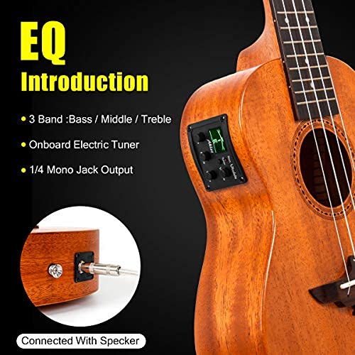 image for Electric Concert Ukulele, AKLOT Ukelele 23 Inch Solid Mahogany with Eq