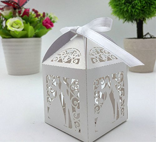 Zorpia® 50Pcs Laser Cut Bridegroom And Bride Wedding Box In Pearlescent Paper Box,Party Show Candy Box,Party Shower Gifts,Chocolate Box Zra 0168909 (White) #TOP2
