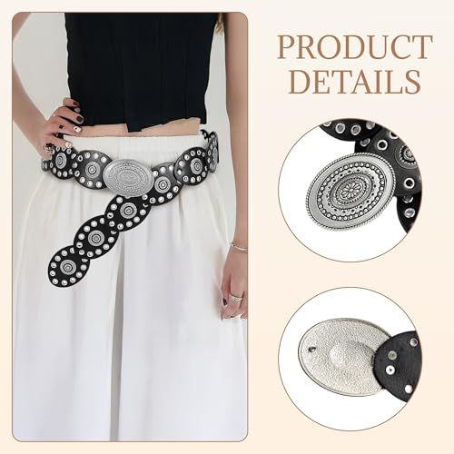 Boho Leather Belt for Women, Western Concho Circe Design, Vintage Cowgirl Waist Belt for Music Festivals, Dresses and Jeans, Fits Waist up to 42 Inches3