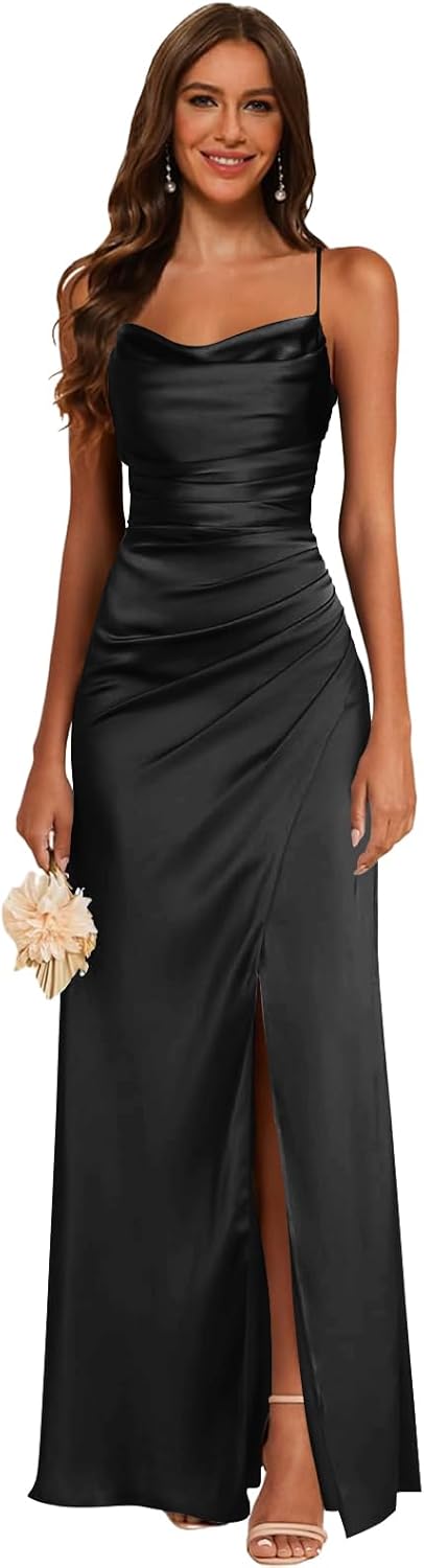 Satin Spaghetti Straps Bridesmaid Dresses for Women with Slit Long Mermaid Formal Prom Dress for Wedding