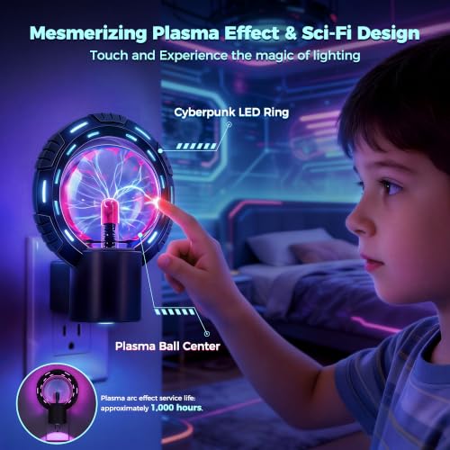 Image of Briignite Plasma Ball Night Lights, RGB Changing Game Room Decor | Electrostatic Globe Plasma Lamp Night Light Plug into Wall, Dusk to Dawn Sensor, STEM Learning Lamp for Kids Room Decor Gift