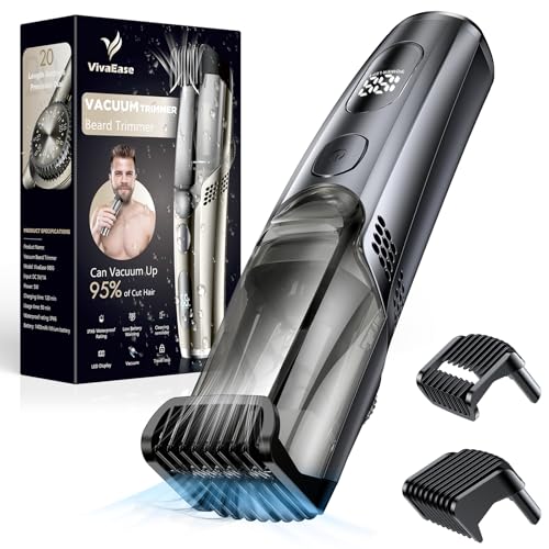 VivaEase Vacuum Beard Trimmer for Men, New Version Adjustable Precision Trimming Length with 2 Comb, Electric Cordless Vacuum Trimmer for Beard, Waterproof and Rinses Easy, Blades for Skin fit